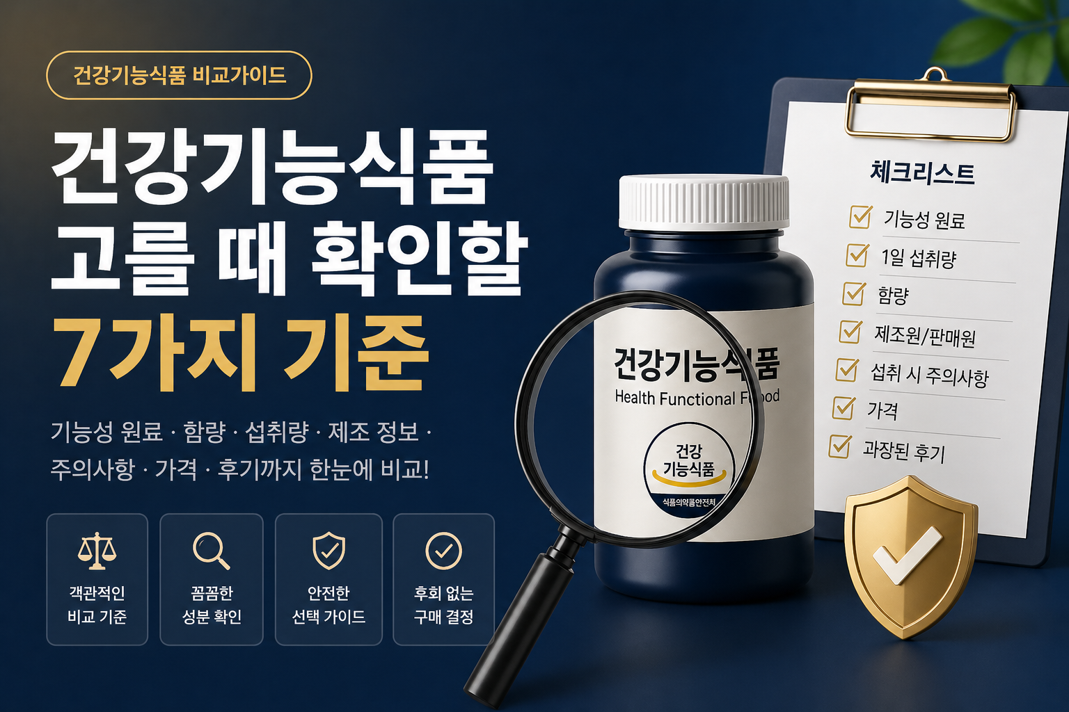 건강기능식품 체크리스트를 배경으로 건강기능식품 고를 때 확인할 7가지 기준을 안내